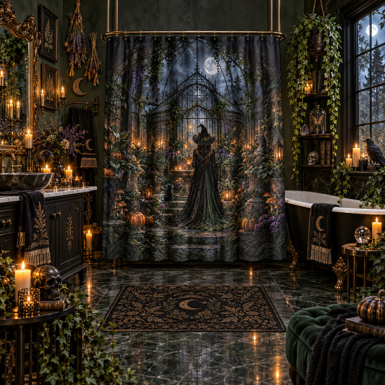 Gothic Witch Shower Curtain - Haunted Botanical Greenhouse, styled shot 5