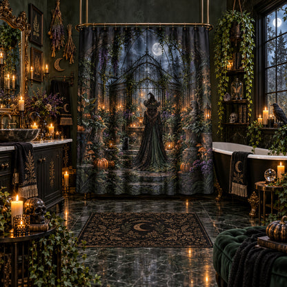 Gothic Witch Shower Curtain - Haunted Botanical Greenhouse, styled shot 5