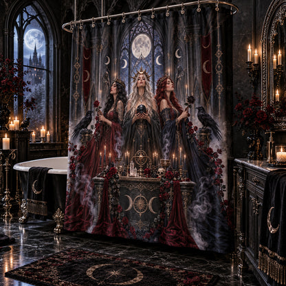 Gothic Witch Shower Curtain - Three Sisters Cathedral Decor, styled shot 2