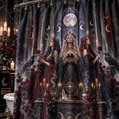 Gothic Witch Shower Curtain - Three Sisters Cathedral Decor, styled shot 4