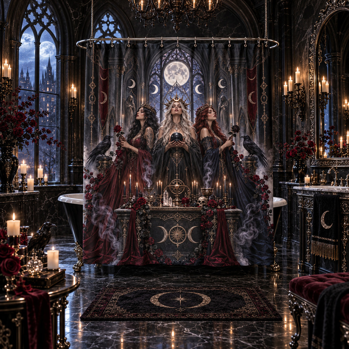 Gothic Witch Shower Curtain - Three Sisters Cathedral Decor, styled shot 5