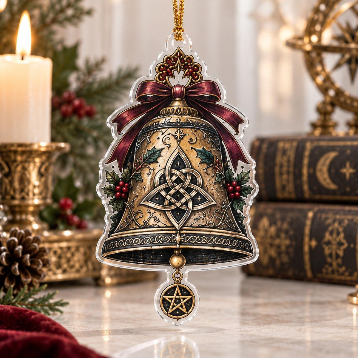 Gothic Witchcraft Sigil Acrylic Ornament Set – Witchy Yule Decor – Sacred Witch Bell ornament