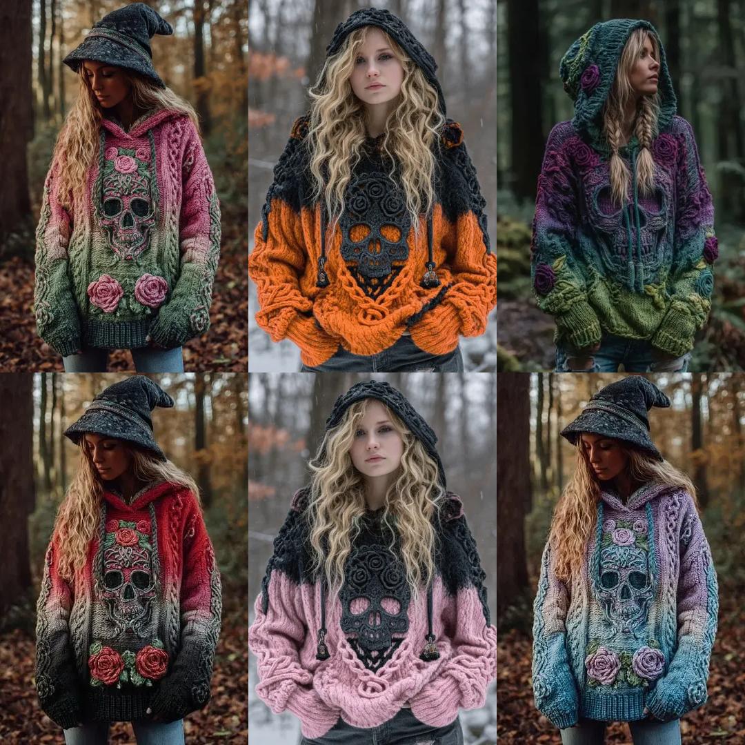Gothic Halloween Oversized Sweaters Horror Skull Sweater O Neck Hooded Pullover-MoonChildWorld