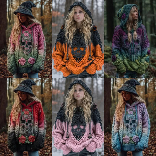 Gothic Halloween Oversized Sweaters Horror Skull Sweater O Neck Hooded Pullover