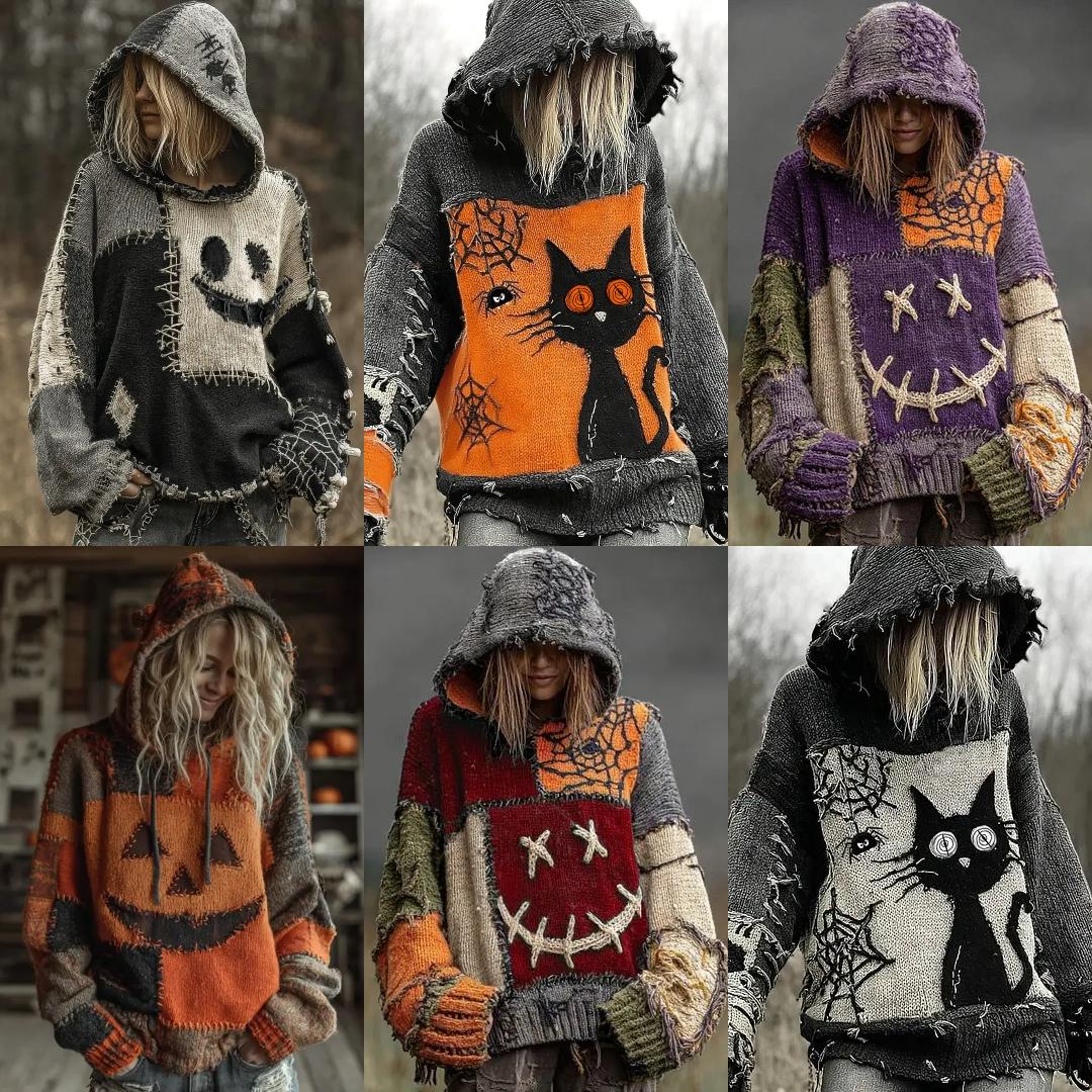 Gothic Halloween Oversized Sweaters Horror Black Cat Sweater O Neck Hooded Pullover-MoonChildWorld