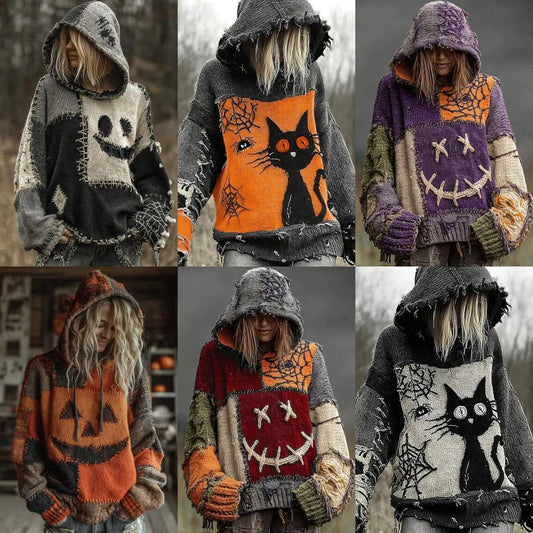 Gothic Halloween Oversized Sweaters Horror Black Cat Sweater O Neck Hooded Pullover