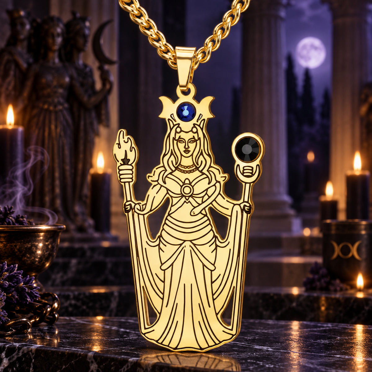Greek Hecate Goddess Pendant Necklace in Stainless Steel in a dark Greek goddess altar setting, detailed polished metal finish