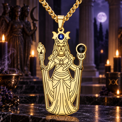 Greek Hecate Goddess Pendant Necklace in Stainless Steel in a dark Greek goddess altar setting, detailed polished metal finish