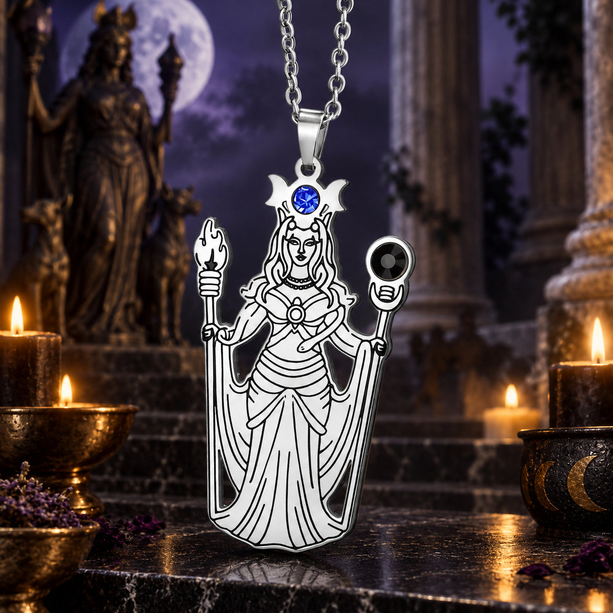 Greek Hecate Goddess Pendant Necklace in Stainless Steel in a dark Greek goddess altar setting, detailed polished metal finish