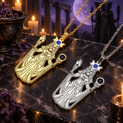 Greek Hecate Goddess Pendant Necklace in Stainless Steel in a dark Greek goddess altar setting, detailed polished metal finish