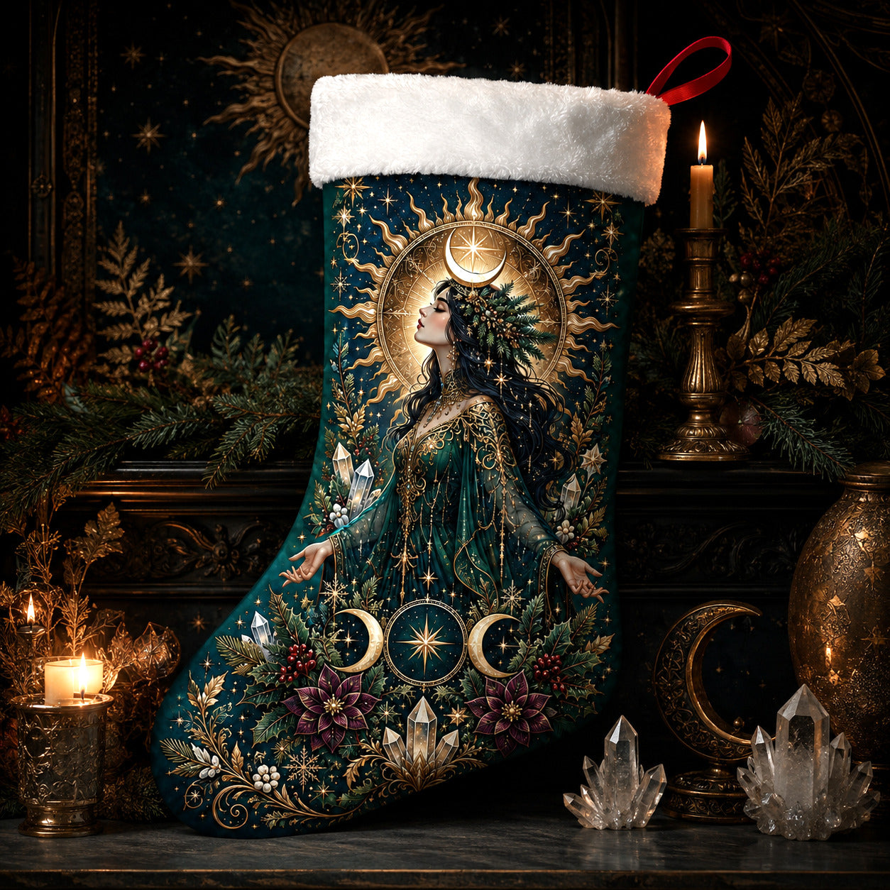 Green Goddess Christmas Stocking Moon Crown Pagan Solstice Decor