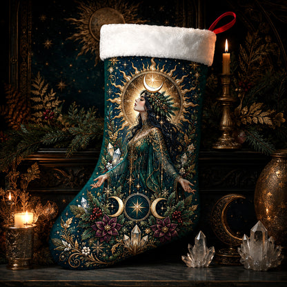 Green Goddess Christmas Stocking Moon Crown Pagan Solstice Decor