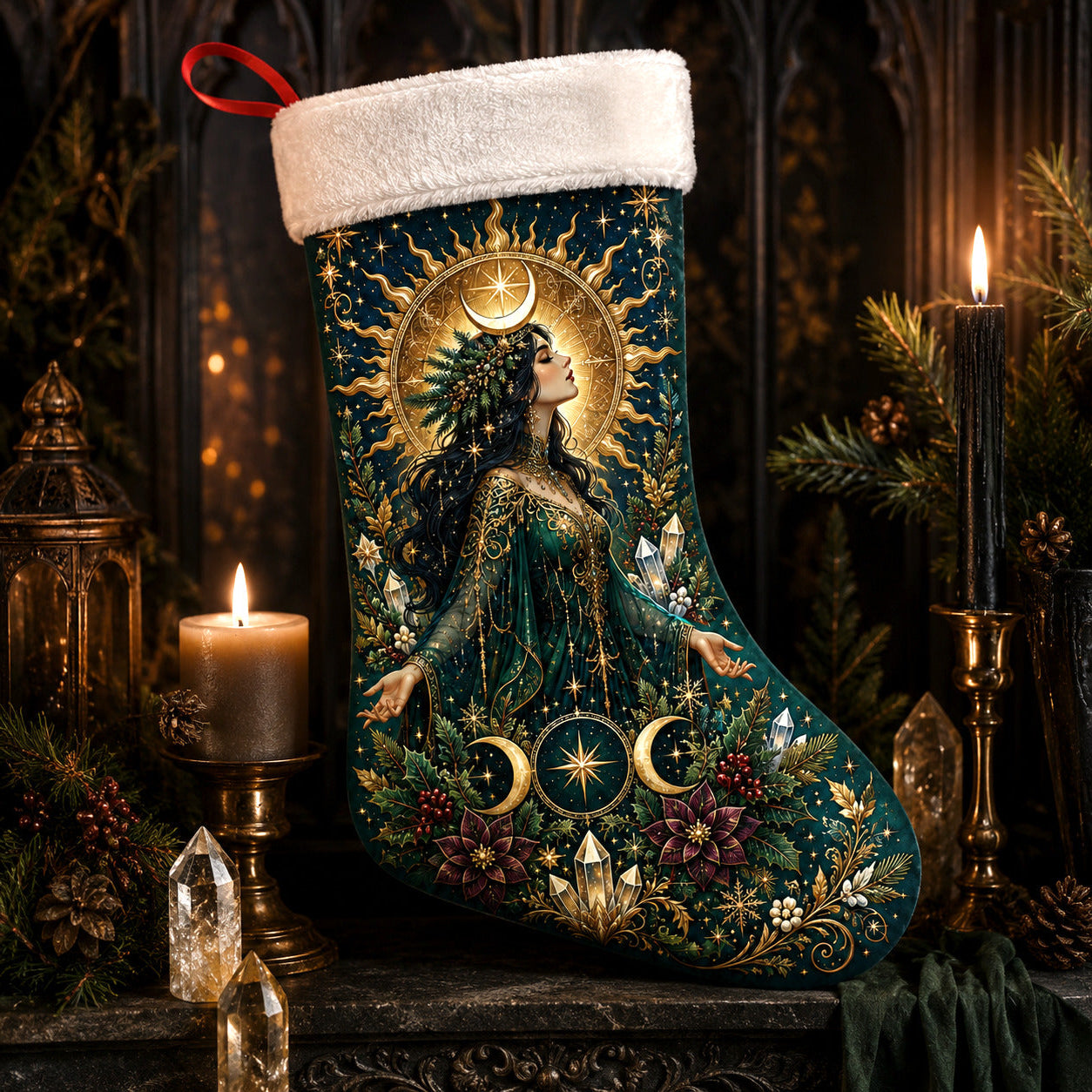 Green Goddess Christmas Stocking Moon Crown Pagan Solstice Decor, styled shot 2