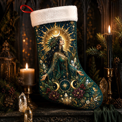 Green Goddess Christmas Stocking Moon Crown Pagan Solstice Decor, styled shot 2