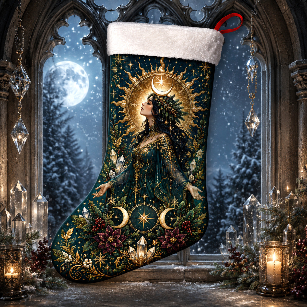 Green Goddess Christmas Stocking Moon Crown Pagan Solstice Decor, styled shot 3