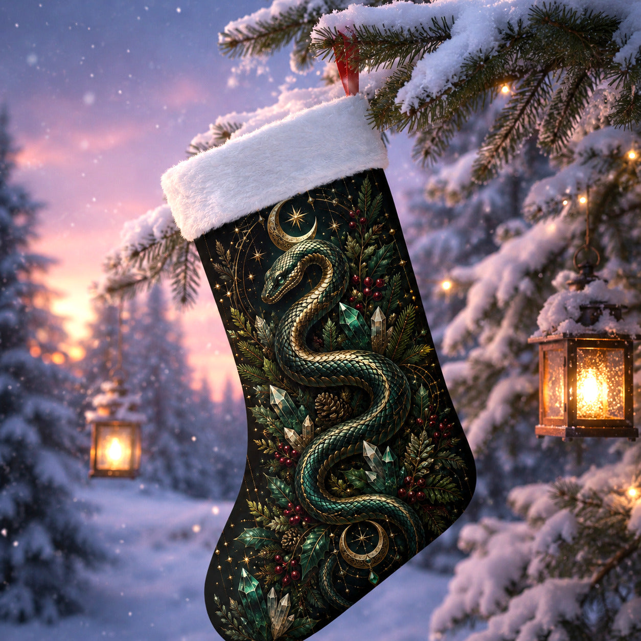 Green Serpent Christmas Stocking Occult Snake Witchy Yule Decor
