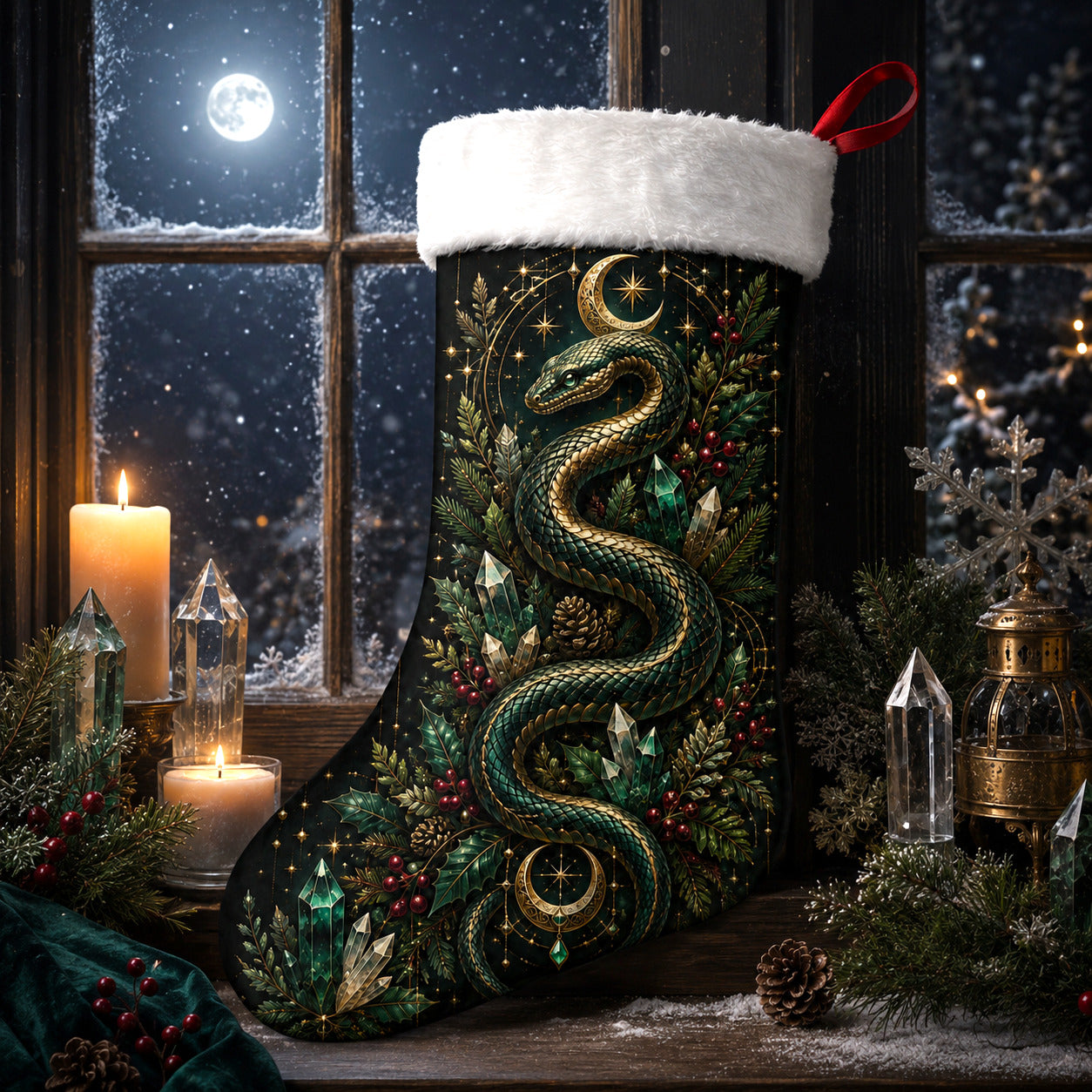 Green Serpent Christmas Stocking Occult Snake Witchy Yule Decor, styled shot 3