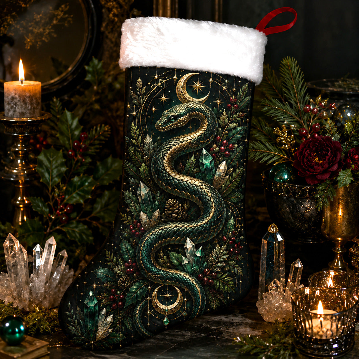Green Serpent Christmas Stocking Occult Snake Witchy Yule Decor, styled shot 4