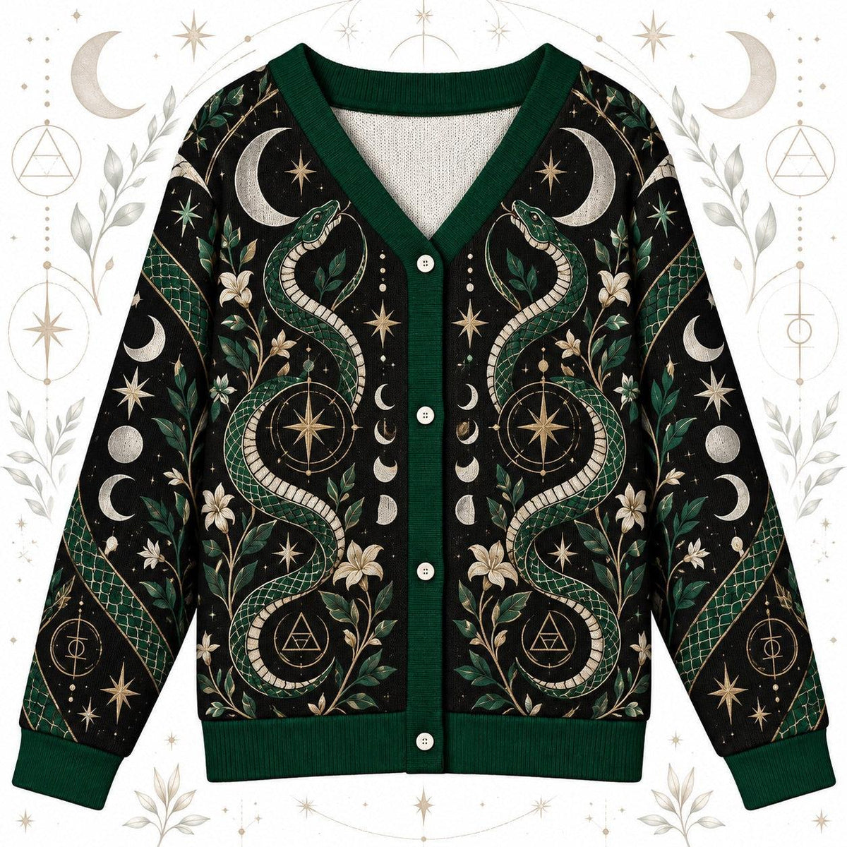Green Serpent Full Moon Witchy Cardigan for Women Occult Alchemy Sweater, front view