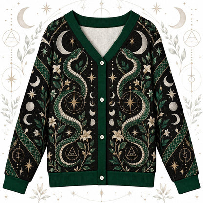 Green Serpent Full Moon Witchy Cardigan for Women Occult Alchemy Sweater, front view