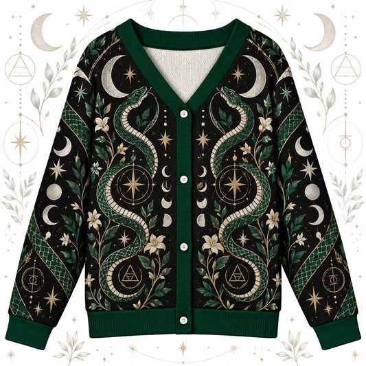 Green Serpent Full Moon Witchy Cardigan for Women Occult Alchemy Sweater, front view