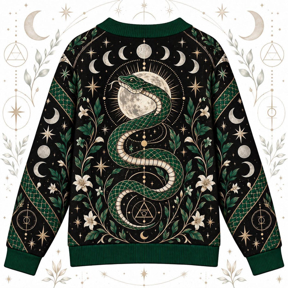 Green Serpent Full Moon Witchy Cardigan for Women Occult Alchemy Sweater, back view
