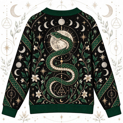 Green Serpent Full Moon Witchy Cardigan for Women Occult Alchemy Sweater, back view