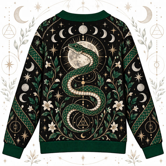 Green Serpent Full Moon Witchy Cardigan for Women Occult Alchemy Sweater, back view