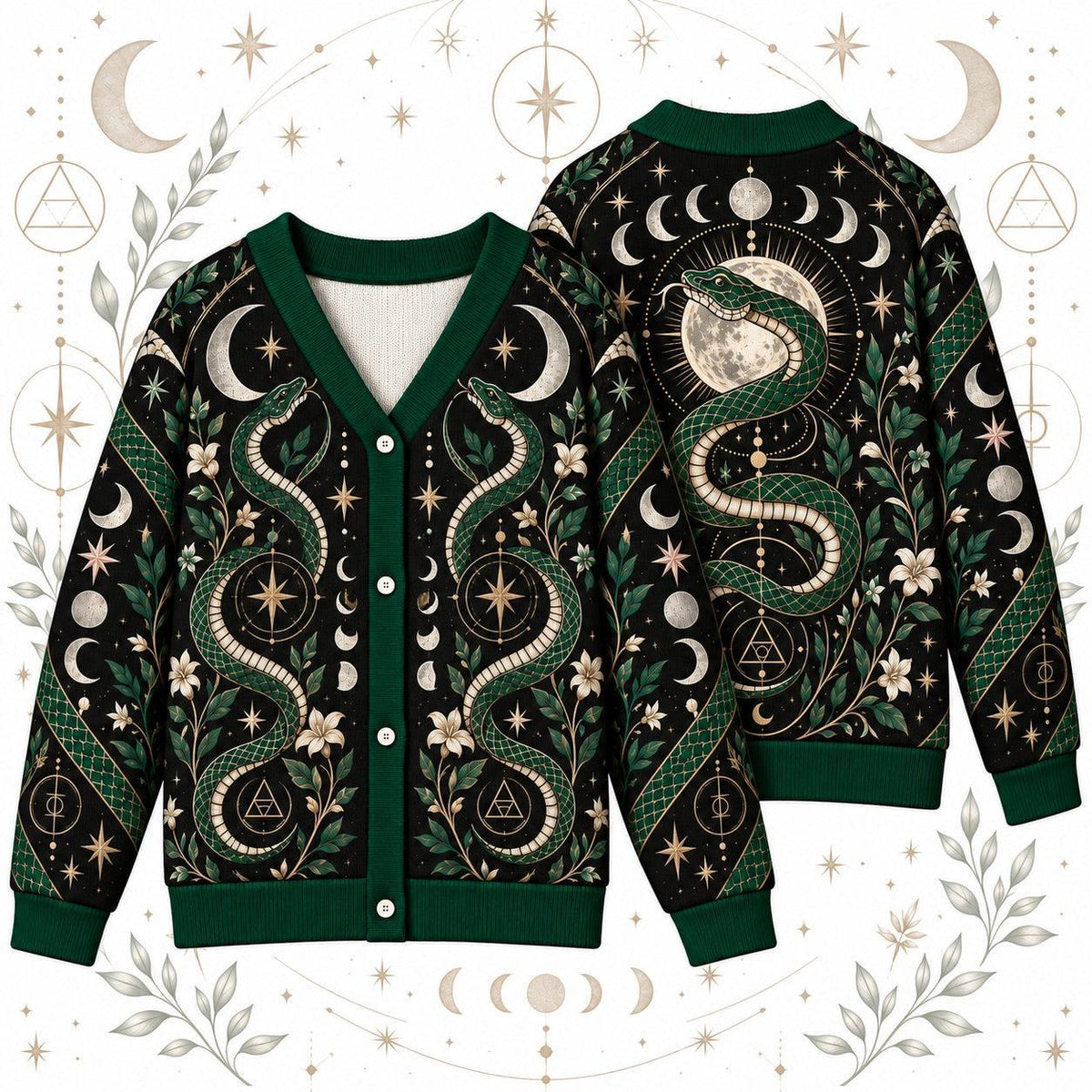 Green Serpent Full Moon Witchy Cardigan for Women Occult Alchemy Sweater, front and back shown together