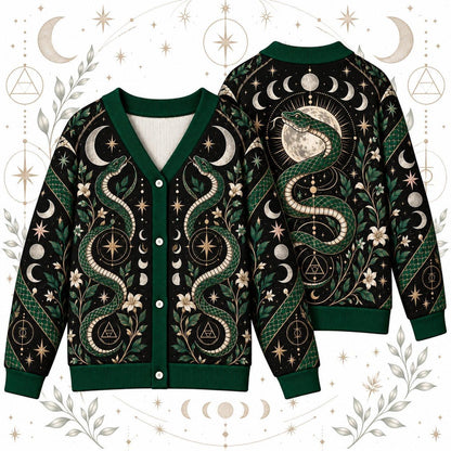 Green Serpent Full Moon Witchy Cardigan for Women Occult Alchemy Sweater, front and back shown together
