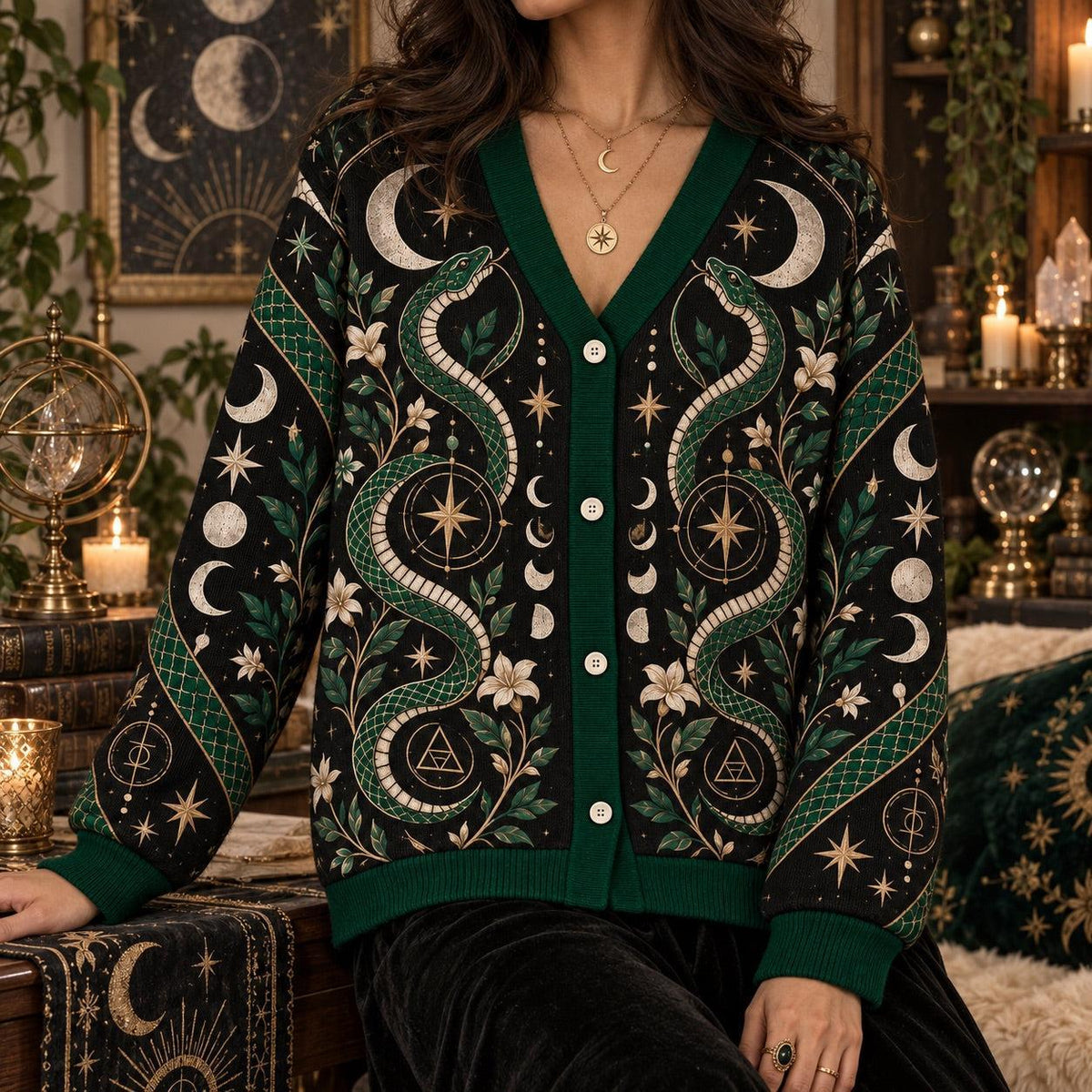 Green Serpent Full Moon Witchy Cardigan for Women Occult Alchemy Sweater, worn, front view