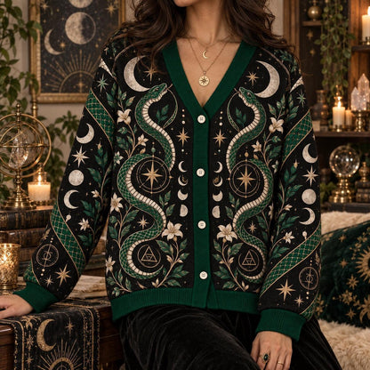 Green Serpent Full Moon Witchy Cardigan for Women Occult Alchemy Sweater, worn, front view