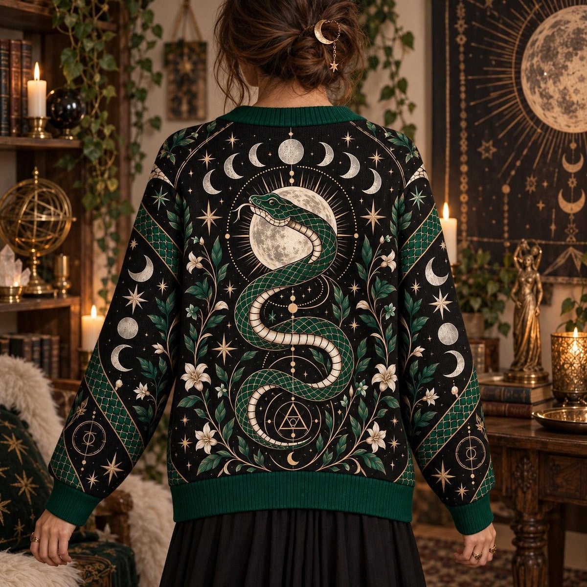 Green Serpent Full Moon Witchy Cardigan for Women Occult Alchemy Sweater, worn, back view