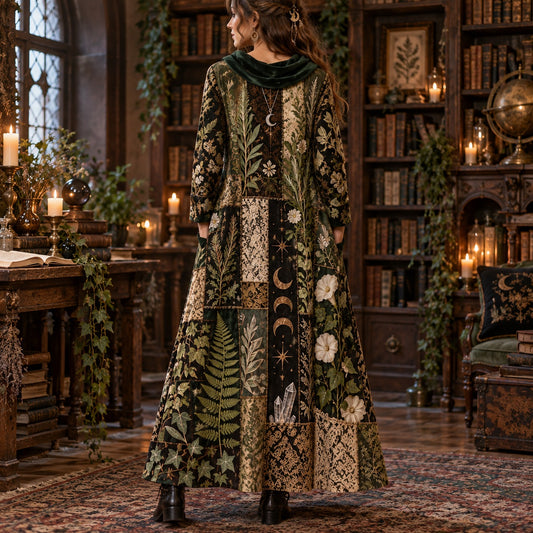 Green Witch Herbarium Botanical Cowl Neck Dress – Witchy Fern Maxi – worn, back view