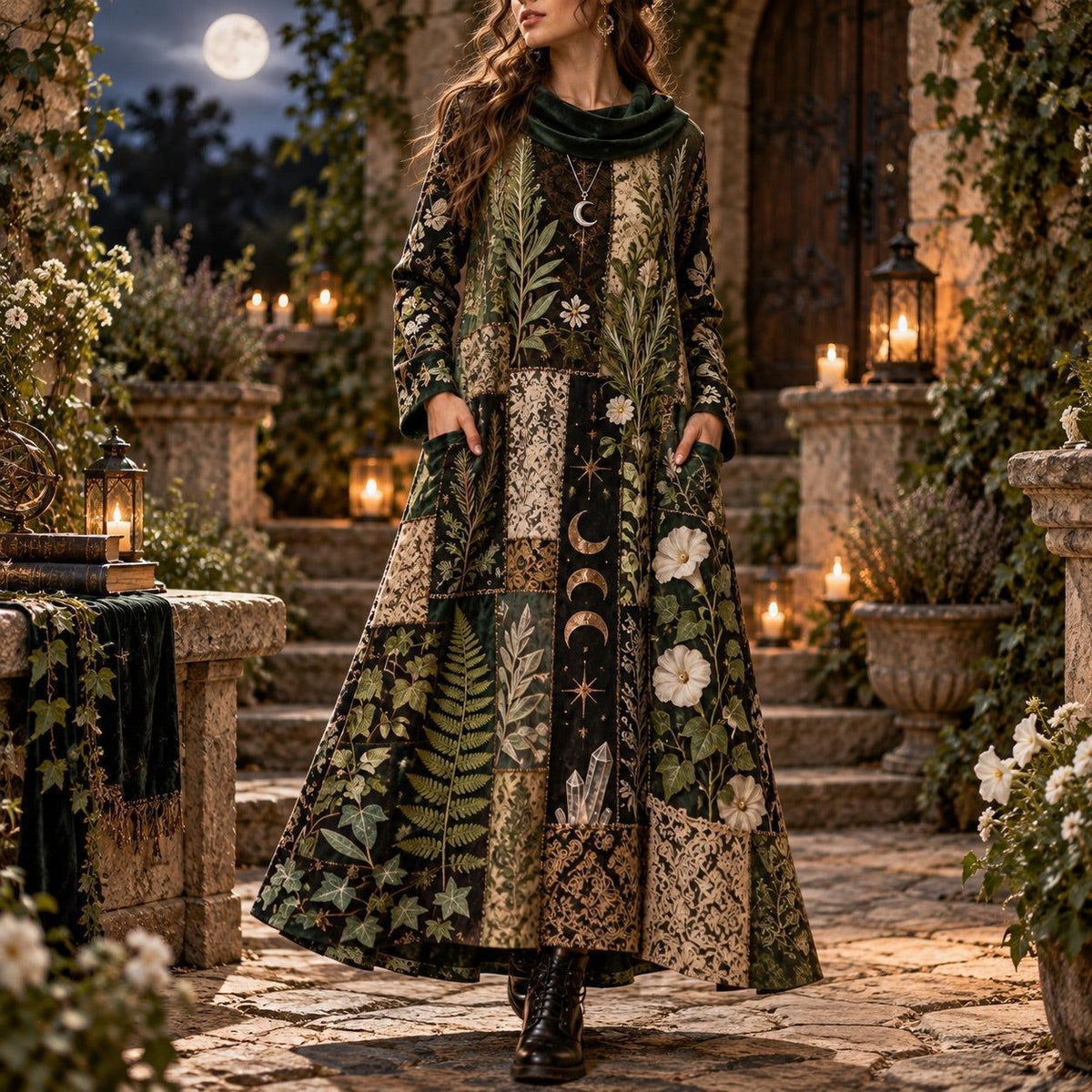 Green Witch Herbarium Botanical Cowl Neck Dress – Witchy Fern Maxi – worn, in motion