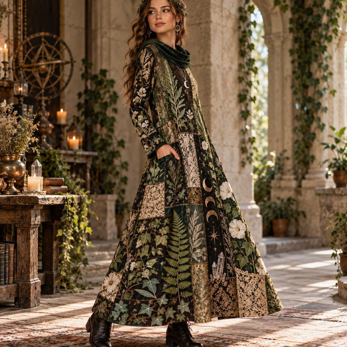 Green Witch Herbarium Botanical Cowl Neck Dress – Witchy Fern Maxi – worn, three quarter view