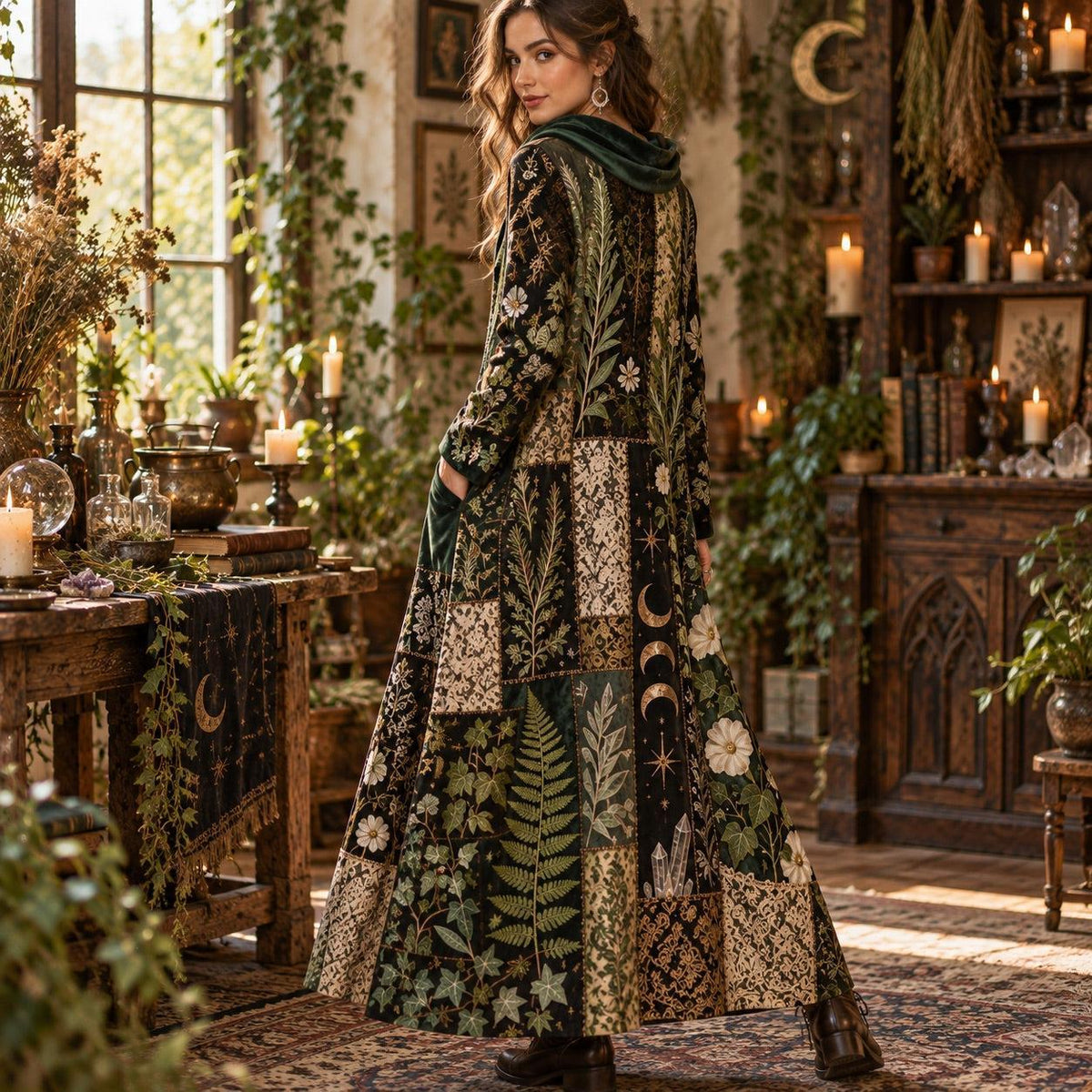 Green Witch Herbarium Botanical Cowl Neck Dress – Witchy Fern Maxi – worn, three quarter view