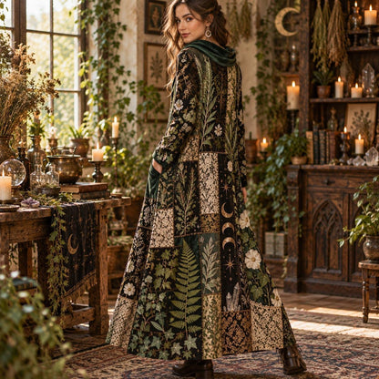 Green Witch Herbarium Botanical Cowl Neck Dress – Witchy Fern Maxi – worn, three quarter view