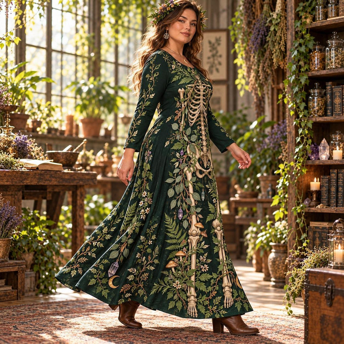 Green Witch Skeleton Plus Size Pagan Dress – Herbal Long Sleeve Maxi – worn, three quarter view
