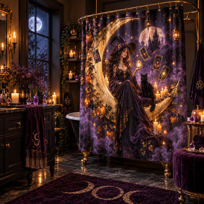 Halloween Witch Shower Curtain - Pumpkin Moon Oracle Decor, styled shot 2