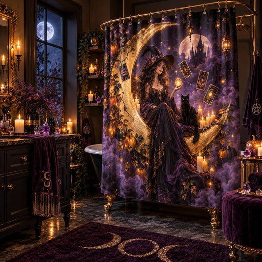 Halloween Witch Shower Curtain - Pumpkin Moon Oracle Decor, styled shot 2