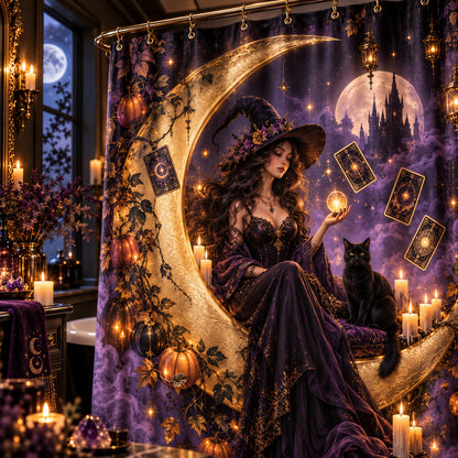 Halloween Witch Shower Curtain - Pumpkin Moon Oracle Decor, styled shot 3