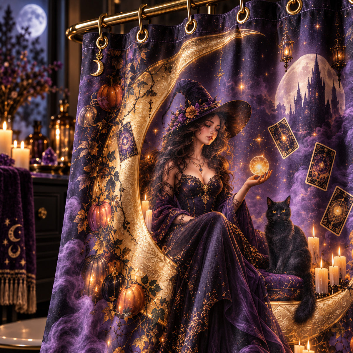 Halloween Witch Shower Curtain - Pumpkin Moon Oracle Decor, styled shot 4