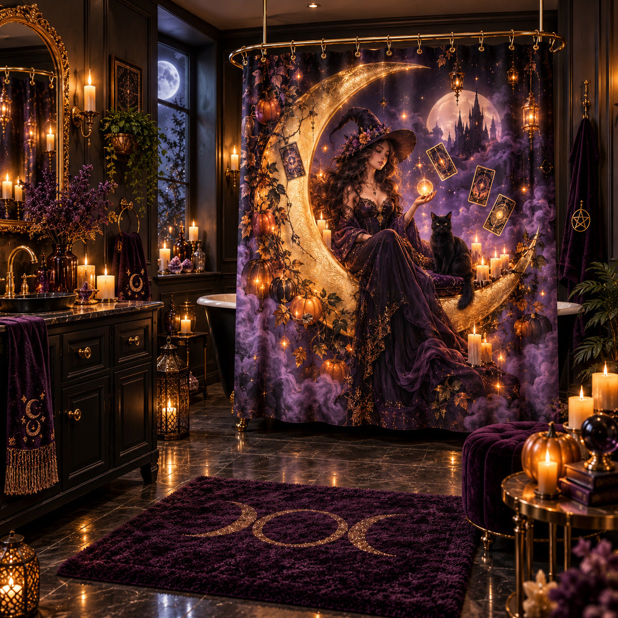 Halloween Witch Shower Curtain - Pumpkin Moon Oracle Decor, styled shot 5