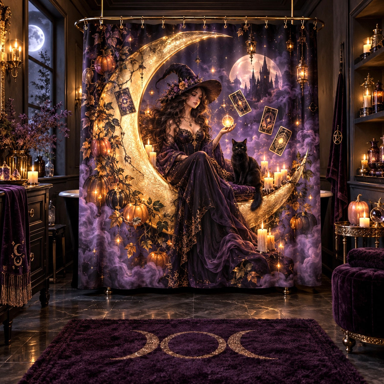 Halloween Witch Shower Curtain - Pumpkin Moon Oracle Decor