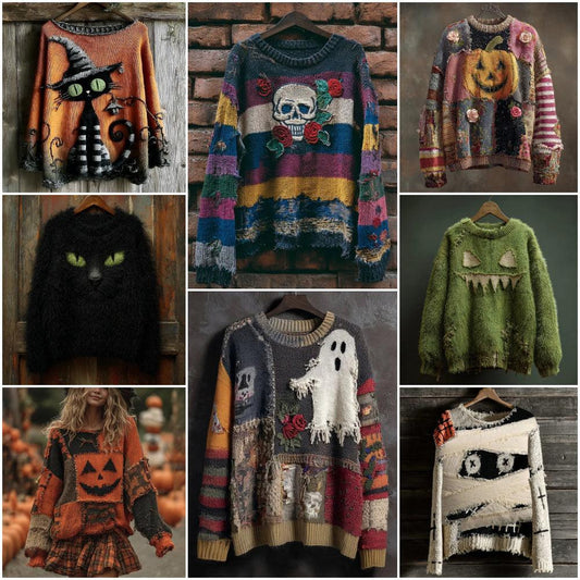 Gothic Pumpkin Long Sleeve Pullover Sweater Spooky Cat Pumpkin Witchy Sweater for Halloween