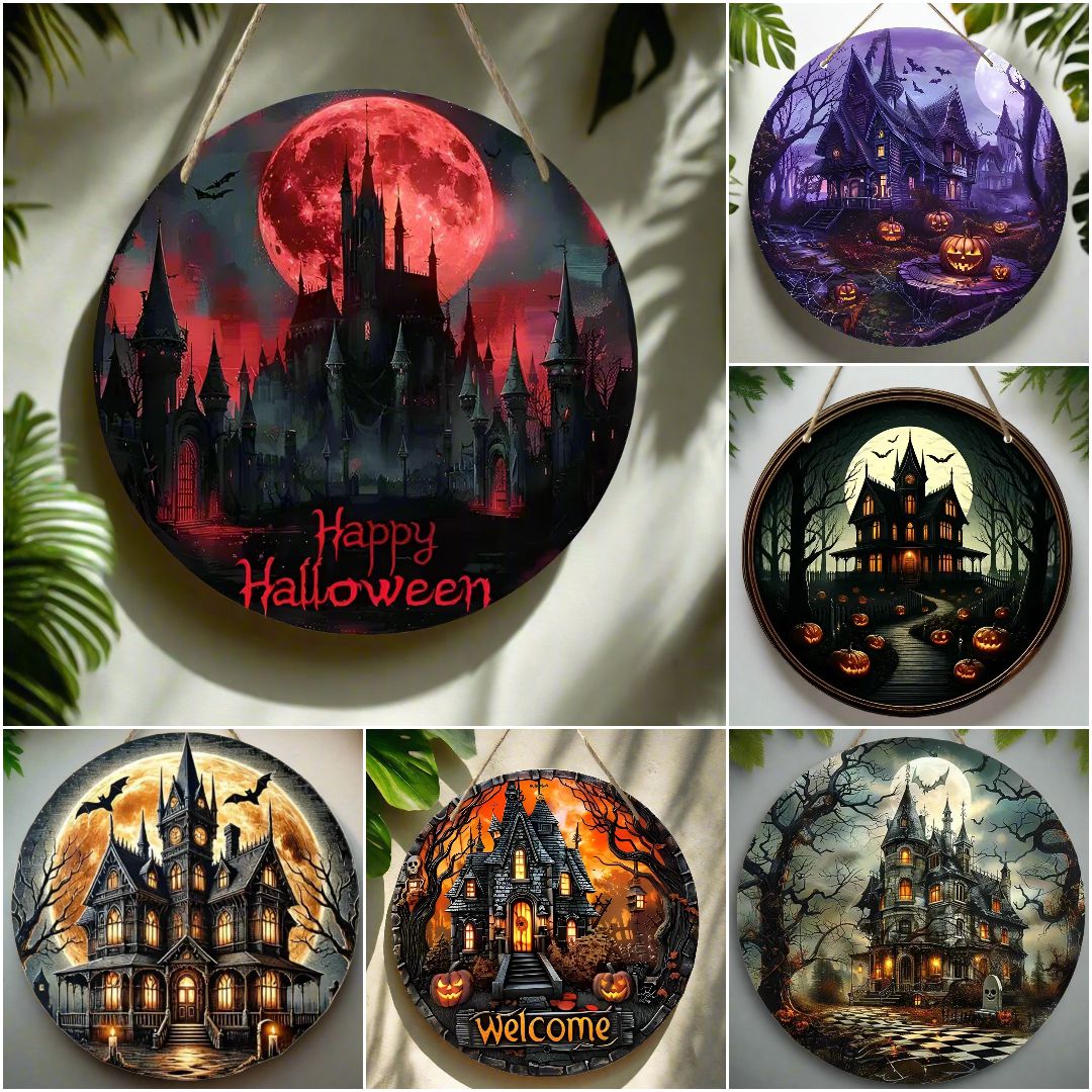 Gothic Haunted House Wooden Sign Witchy Hanging Sign for Halloween-MoonChildWorld