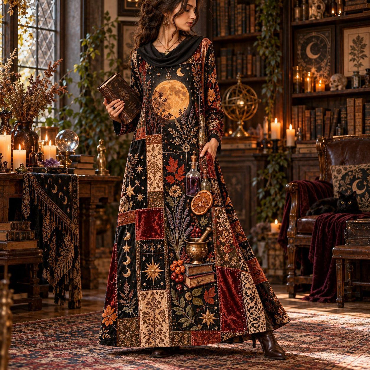 Harvest Moon Apothecary Witchy Cowl Neck Dress – Kitchen Witch Maxi – close up of the printed artwork