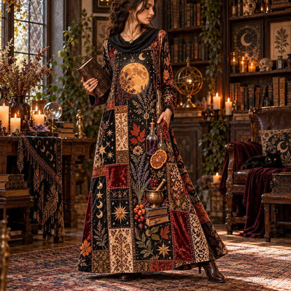 Harvest Moon Apothecary Witchy Cowl Neck Dress – Kitchen Witch Maxi – close up of the printed artwork
