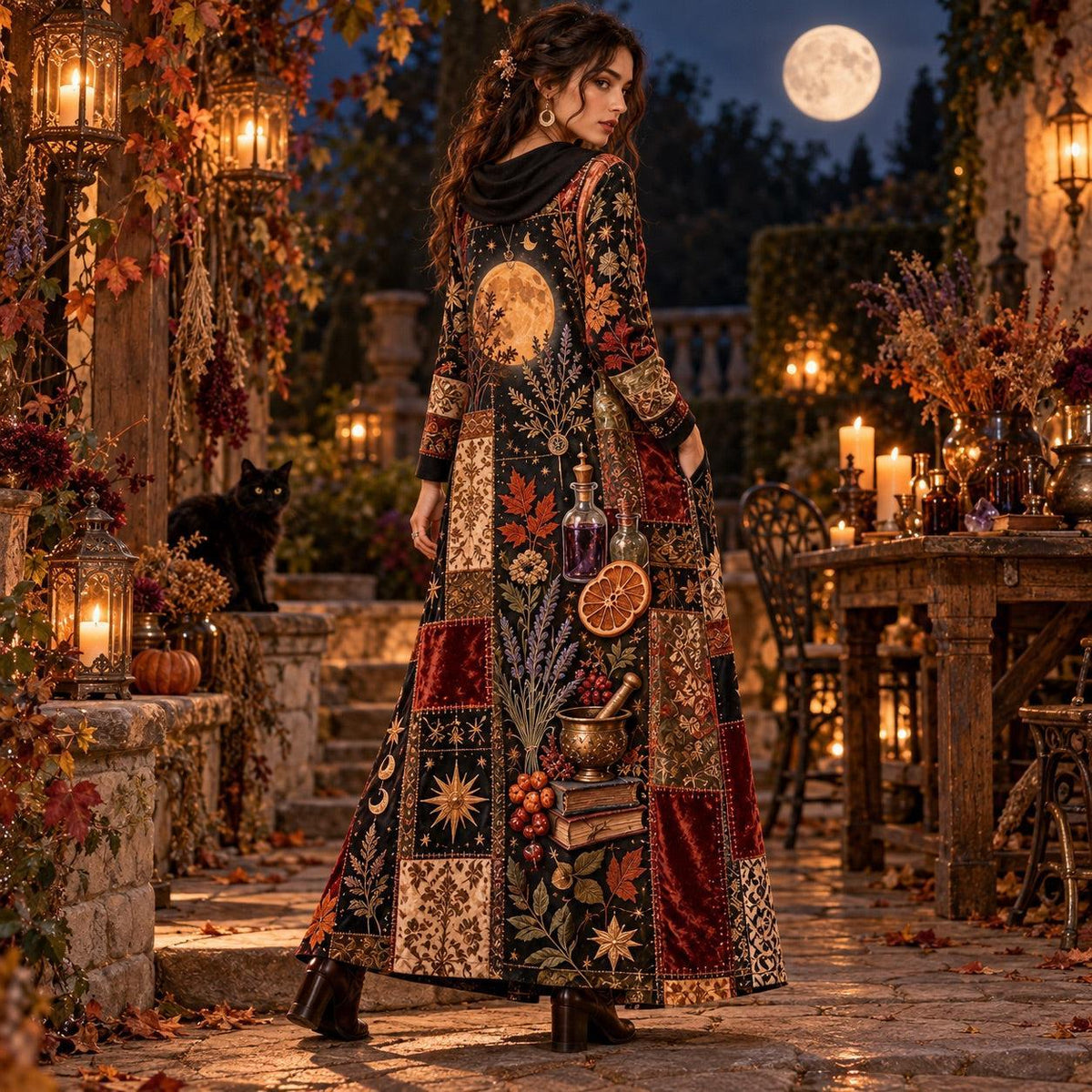 Harvest Moon Apothecary Witchy Cowl Neck Dress – Kitchen Witch Maxi – worn, three quarter view